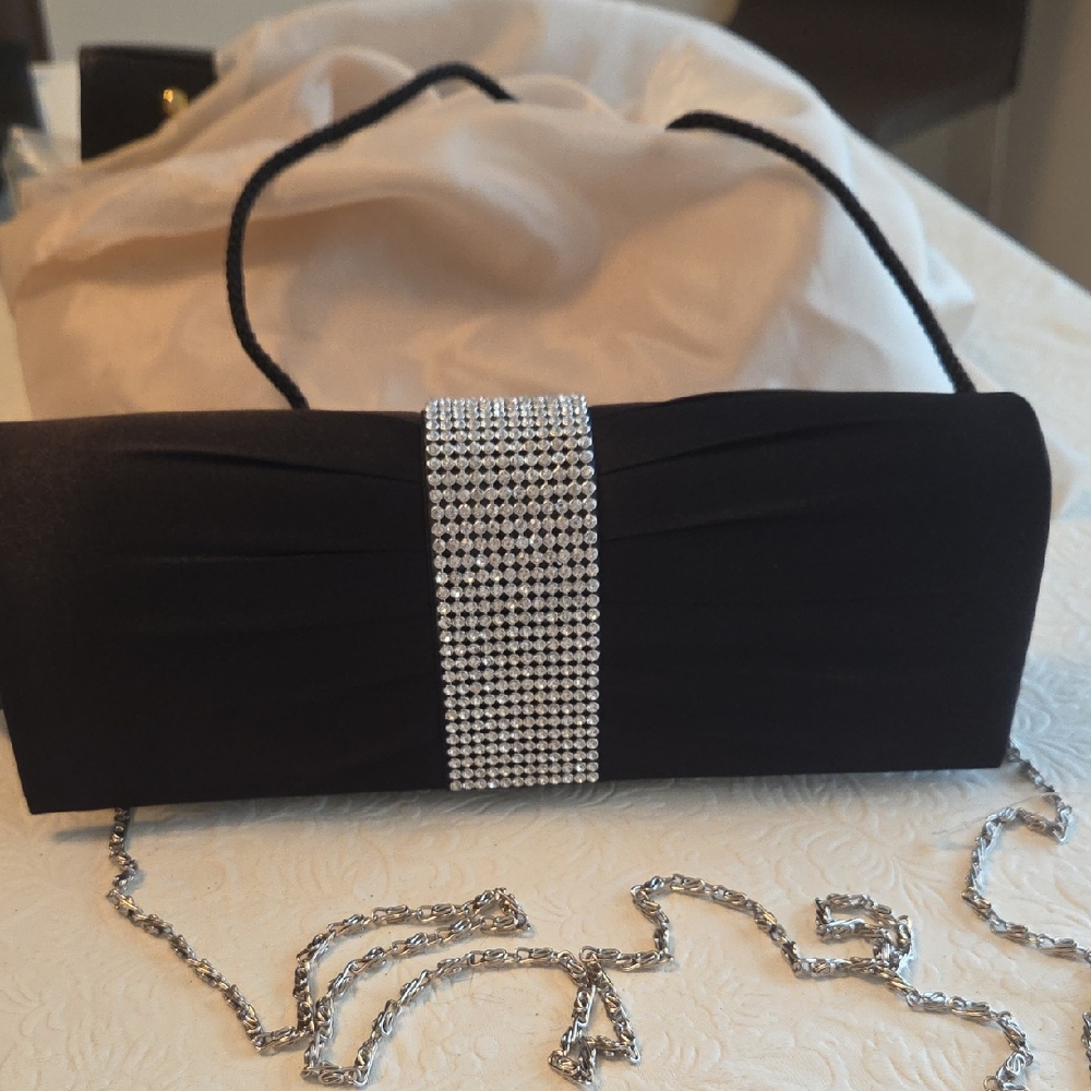 NWT Chic Black SATIN Clutch with rhinestone Detailing